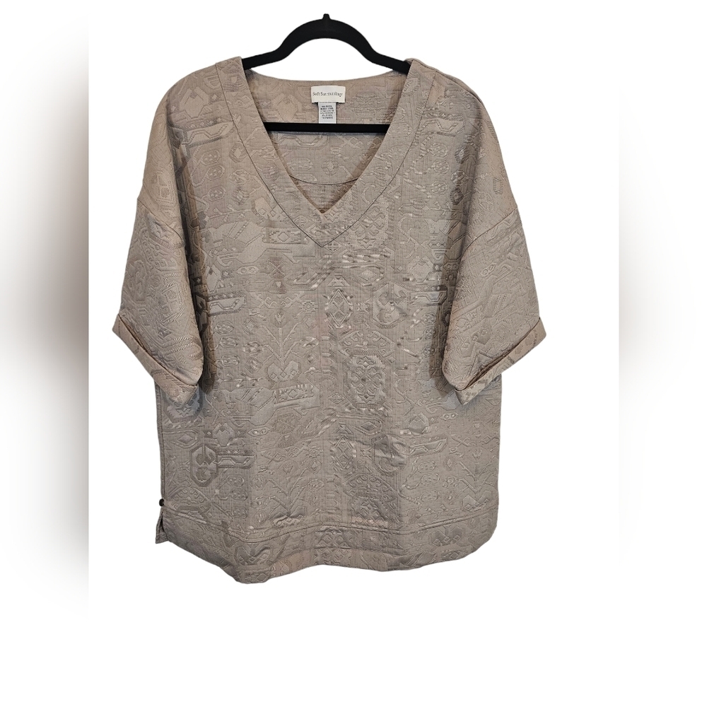 Soft Surroundings Large Stretchy Jacquard Brocade V Neck Boxy Top Taupe